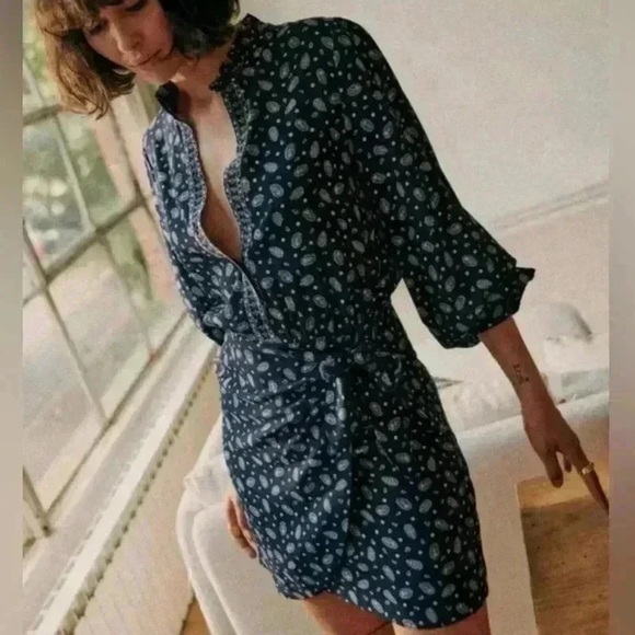 SEZANE Capri Floral Long Sleeve Wrap Mini Dress in Bandana Blue sz US 8 / FR 40 - Picture 4 of 16